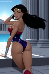1girl ai_generated ass back bare_shoulders black_hair blue_eyes breasts dark_skin dc earrings from_behind hand_in_hair hi_res high_quality high_resolution jewelry large_breasts leotard long_hair looking_at_viewer looking_back makeup patreon seductive sexy smile solo spicytoonai strapless thighs uncensored watermark wonder_woman