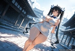 1girl ai_assisted ai_generated arm_ribbon black_hair blue_eyes blue_ribbon blush breasts cleavage cleavage_cutout covered_navel curvaceous curvy curvy_female curvy_figure dress dungeon_ni_deai_wo_motomeru_no_wa_machigatteiru_darou_ka female gloves hair_ornament hair_ribbon hestia_(danmachi) large_breasts long_hair looking_at_viewer miyuai pencil_dress ribbon smile solo thick thick_ass thick_butt thick_hips thick_legs thick_thighs twintails very_long_hair voluptuous voluptuous_female white_dress white_gloves wide_hips wide_thighs