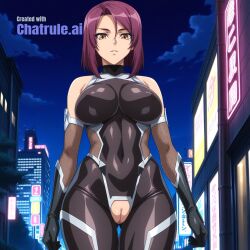 1girl ai_assisted ai_generated anime_coloring armor bare_shoulders black_bodysuit city cityscape clouds cowboy_shot crotchless curvy dark_theme detailed_pussy dynamic_lighting elbow_gloves fishnets gloves high_contrast kagami_hirotaka koukawa_oboro looking_at_viewer neon_lights night night_sky outdoors soft_shading taimanin_asagi_zero taimanin_suit thigh_gap visible_pussy