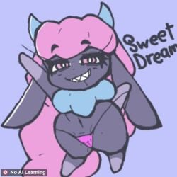1:1 animated animated_gif anthro blush camel_toe clothing daedream female horn navel pal_(species) palworld panties pocketpair sh1vss sharp_teeth short_playtime simple_background size_difference smile smiling_at_viewer smirk smirking_at_viewer solo teeth text underwear