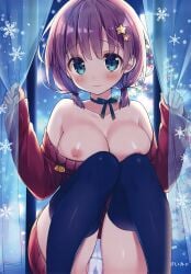 1girls blush breast breasts_out cameltoe choker clothed curtains exposed_breasts hair_ornament highres large_breasts nipples open_shirt open_sweater original panties purple_hair shirt short_hair sitting straight_hair suimya sweater thighhighs tied_hair