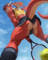 anthro ball biped bottomwear bulge bulge_from_behind butt claws clothed clothing crop_top crossdressing detailed_bulge dragon ear_piercing footwear genital_outline hi_res horn looking_back male male_anthro muscular muscular_anthro muscular_male mythological_creature mythological_scalie mythology panties penis_outline piercing presenting presenting_hindquarters scalie shirt skimpy skirt sky socks solo solo_male sport sports_uniform tagonkrat tail tail_under_skirt tennis tennis_ball tennis_racket topwear underwear wings