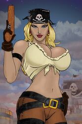 1girls bandana bare_shoulders belt big_breasts blonde_hair blue_eyes breasts cleavage earrings gloves gun large_breasts lips long_hair looking_at_viewer midriff morning navel outside pants pirate rplatt seductive shirt smirk