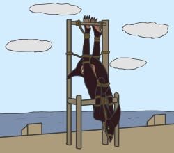 anthro aquatic arms_tied bdsm bondage bound brown_body female fish fishing looking_at_viewer restraints rope rope_bondage sea shark smug_face smug_grin solo suspension suspension_bondage tail tail_tied tory_(trinitite) trinitite upside_down water