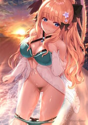 bikini breast_hold cleavage panty_pull princess_connect! princess_connect!_re:dive pubic_hair pussy saren_(princess_connect!) see_through swimsuits uncensored yagiryu