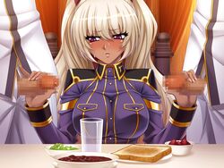 breasts censored collared_shirt cup dark_skin double_handjob female food fruit game_cg gokkun greens_(food) handjob kagami_hirotaka kangoku_senkan kangoku_senkan_3 kila_kushan large_breasts lilith-soft long_hair looking_back masturbation military_uniform multiple_boys nipples penis precum precum_drip precum_on_penis shiny shiny_clothes shiny_hair shiny_skin sitting standing straight strawberry sweat threesome toast_(food) twintails twintails_(hairstyle) uniform