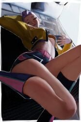 1girls female kpop_demon_hunters looking_at_viewer on_bed posing posing_for_the_viewer purple_hair rumi_(kpop_demon_hunters) vakira