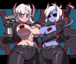 2girls big_breasts covered_nipples female female_focus fuya_(tempupupu) helltaker large_breasts moon_(helltaker) solo solo_female solo_focus tower_(helltaker)