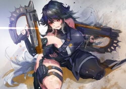 1girls 2d 2d_(artwork) big_breasts color eyebrows eyebrows_visible_through_hair female female_focus female_only fingers goddess_of_victory:_nikke holding_object holding_weapon k_(nikke) long_hair nikke not_ai_generated questionable red_eyes serious_face serious_look shift_up tagme tagme_(artist) thick_thighs