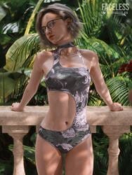 1girl 1girls 2026 3:4 3d absurd_res absurdres artist_name bikini biohazard blonde_hair breasts capcom eyeglasses eyewear faceless_xxx female female_only female_pubic_hair glasses grace_ashcroft grace_ashcroft_(julia_pratt) leaning_on_rail lipstick looking_to_the_side medium_breasts megane navel one-piece_swimsuit outdoors red_lipstick resident_evil resident_evil_9:_requiem resident_evil_requiem solo standing standing_up twitter video_game_character video_game_franchise video_games yellow_eyes