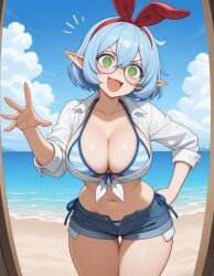 ai_generated bikini blue_striped_bikini boobs breasts denim_shorts elf elf_ears elf_female elf_girl front-tie_top keisha_callie striped_bikini tits