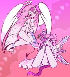 areolae bedroom_eyes blooming_bringer_of_sloth butterfly_wings cookie_run cookie_run_kingdom crown eternal_sugar_cookie eyeliner floofierun flower_crown flower_halo flowers halo heart heart-shaped_pupils long_hair nipples nude one_eye_closed pink_background pink_eyes pink_hair pink_skin pussy snake tagme wings
