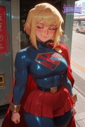 1girl ai_generated big_ass big_breasts blonde_hair blue_bodysuit blue_eyes blush blushing_at_viewer blushing_face city_background cleavage curvy dc dc_comics detailed_eyes detailed_face deurahh emblem female_focus full_body gold_belt gold_cuffs highres imminent_oral imminent_penetration imminent_sex kara_zor-el kara_zor-l my_adventures_with_superman pleated_skirt pov pov_eye_contact red_cape red_skirt s_shield seductive_expression shiny_clothing short_hair solo standing steaming steaming_body steaming_breath street sunlight supergirl superheroine thicc_ass thicc_breasts thicc_thighs thick_thighs voluptuous voluptuous_female wide_hips