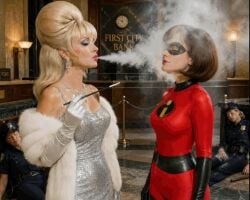 ai_generated animated breast_expansion erect_nipples gif helen_parr hypnotized latex_bodysuit lesbian_couple lesbian_kiss massive_breasts the_incredibles torn_bodysuit