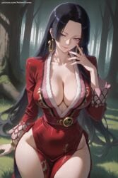 1girl ai_generated bangs black_hair blue_eyes boa_hancock breasts cleavage collarbone covered_navel earrings forehead forest grass hi_res high_quality high_resolution jewelry large_breasts long_hair looking_at_viewer nature one_piece patreon patreon_username seductive sexy smile solo thighs tree uncensored very_long_hair watermark
