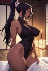 1girl ai_generated bare_shoulders black_hair black_leotard bleach breasts closed_mouth covered_navel covered_nipples curvy dark_skin hi_res high_ponytail high_quality high_resolution highleg highleg_leotard indoors kiraamane large_breasts leotard long_hair parted_bangs patreon ponytail seductive sexy shihouin_yoruichi shiny shiny_skin smile solo standing thick_thighs thighs uncensored watermark yoruichi_shihouin
