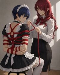 ai_generated arms_behind_back blue_hair bondage bound crossdressing crossdressing_(mtf) crossdressing_male femboy femdom kirijou_mitsuru looking_at_viewer looking_back maid maid_headdress makoto_yuki mitsuru_kirijo persona persona_3 red_hair red_rope rope_bondage rope_harness shibari shibari_over_clothes sitting tied_up