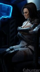 3d 4k annoyed_expression black_hair blue_eyes bodysuit breasts_out covering_breasts damaged_clothes embarrassed exhunter female female_focus hi_res human human_female human_only long_hair looking_at_viewer mass_effect miranda_lawson ripped_bodysuit ripped_clothing solo solo_female torn_clothes torn_clothing watermark