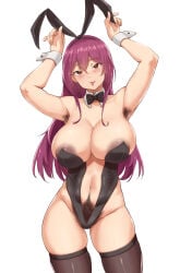 1girl armpit_hair armpits blush breasts brown_eyes cleavage dark_areolae excessive_pubic_hair huge_breasts kai_jj leotard looking_at_viewer navel original playboy_bunny plump pubic_hair purple_hair rabbit_ears solo tongue_out
