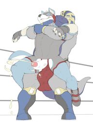 anthro anthro_on_anthro big_muscles bulge canine cum cumshot duo ejaculation erection gear_the_wolf hi_res humanoid_penis male mammal muscular muscular_male orgasm penis vein veiny_penis wrestling yaoi