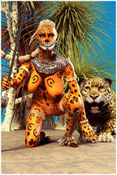 1girls 3d big_breasts blonde_hair body_markings bodypaint breasts facepaint female nipples nude original original_character ponytail pubic_hair pussy tagme_(artist) tribal weapon