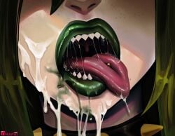 borrowed_character collar cum cum_on_face cum_on_tongue green_hair green_lipstick midori_(rizdraws) nyuunzi oc shark_teeth sharp_teeth smeared_lipstick someone_else's_oc spiked_collar thick_lips tongue_out tongue_piercing