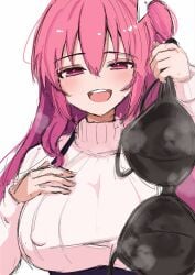 aroused blush bra_removed half-closed_eyes happy huge_breasts in_heat nipple_bulge official_alternate_costume open_mouth rasis smile sound_voltex sweater sweaty_bra upper_body upper_teeth