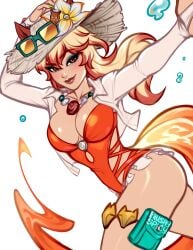 1girls 2026 2d animal_tail asian asian_female beach_hat blonde_hair blushypixy blushyspicy breasts cleavage female female_focus female_only fox_girl fox_tail marvel marvel_rivals multicolored_hair official_alternate_costume one-piece_swimsuit orange_hair smile smiling smiling_at_viewer summer swimsuit video_games white_fox_(marvel) white_fox_(marvel_rivals)