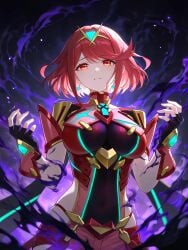 ai-created ai_art ai_generated armor armored_female armored_gloves bob_cut core_crystal core_crystal_(xenoblade) corrupted corruption dark_aura darkness earrings jewelry large_breasts mind_control navel pyra pyra_(xenoblade) red_eyes red_hair scared short_shorts tiara xenoblade_(series) xenoblade_chronicles_(series) xenoblade_chronicles_2