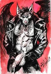 abs accessory anthro back_wings balls bat bleats bodily_fluids body_hair bottomwear chest_hair clothed clothing denim denim_bottomwear denim_clothing dripping erection fangs fingerless_gloves genital_fluids genitals gloves half-closed_eyes handwear headband hi_res humanoid_genitalia humanoid_penis jacket jeans leaf-nosed_bat leather leather_clothing leather_jacket leather_topwear male mammal membrane_(anatomy) membranous_wings microbat monochrome muscle_tone muscular muscular_anthro muscular_male narrowed_eyes open_bottomwear open_clothing open_pants pants pecs penis precum precum_drip precum_string solo solo_male teeth topwear vampire_bat wings yangochiropteran