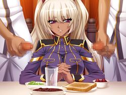 breasts censored collared_shirt cup dark_skin female food fruit game_cg gokkun greens_(food) handjob kagami_hirotaka kangoku_senkan kangoku_senkan_3 kila_kushan large_breasts lilith-soft long_hair looking_back masturbation military_uniform multiple_boys nipples penis shiny shiny_clothes shiny_hair shiny_skin sitting standing straight strawberry toast_(food) twintails twintails_(hairstyle) uniform