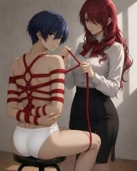 ai_generated arms_behind_back ass blue_hair bondage bound femdom kirijou_mitsuru looking_at_viewer looking_back makoto_yuki mitsuru_kirijo persona persona_3 red_hair red_rope rope_bondage rope_harness shibari shirtless sitting stool tied_up topless underwear
