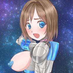 1girls back_view blue_eyes blush blushing bodysuit breasts breasts_out brown_eyes brown_hair covered_nipples female female_focus female_only heart_pasties heroine kamen_rider kamen_rider_fourze_(series) kamen_rider_nadeshiko large_breasts looking_at_viewer nadeshiko_(kamen_rider_fourze) nipple_bulge nipple_pasties nipples nyanchu open_mouth pasties shiny_bodysuit short_hair shoulder_pads silver_bodysuit skintight_bodysuit solo solo_focus