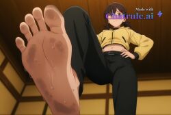 1girl ai_assisted ai_generated anime_coloring anime_screencap barefeet belt big_feet black_pants brown_eyes brown_hair dark_skin dirty_feet from_below full_body hair_ornament hairclip hands_on_hips kobeni_higashiyama long_sleeves long_toes looking_at_viewer mole mole_under_eye mole_under_mouth multiple_moles navel official_style presenting_foot sole_focus standing standing_on_one_leg stinky_feet sweaty_feet twintails yellow_jacket