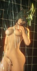 1girls big_breasts different_eye_color final_fantasy_xiv gpose_(ffxiv) gray_hair green_highlights long_hair mask miqo'te nipples nude samantha_oconnor shower wet