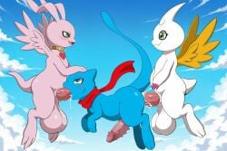 3_fingers 3_toes absurd_res ai_generated anal anal_penetration animal_genitalia anthro anthro_on_anthro anthro_penetrated anthro_penetrating anthro_penetrating_anthro balls bandai_namco big_balls big_penis big_tail blue_body bodily_fluids butt claws cloud crossover cum cum_in_ass cum_in_mouth cum_inside cum_on_body cum_on_butt cum_on_face cum_on_penis cupimon digimon digimon_(species) fangs feet fellatio finger_claws fingers flying generation_1_pokemon genital_fluids genitals green_eyes group half-closed_eyes hand_on_head heart_(marking) hi_res horn huge_balls huge_penis legendary_pokemon long_ears long_tail looking_at_another looking_at_partner male male/male male_penetrated male_penetrating male_penetrating_male marineangemon mew_(pokemon) mouth_closed mythical_pokemon narrowed_eyes nintendo open_mouth open_smile oral outside_sex paws penetration penile penile_penetration penile_spines penis penis_in_ass penis_in_mouth pink_body pink_claws pokemon pokemon_(species) precum precum_on_penis red_scarf scarf sex sheath shiny_pokemon short_tail sky smile smiling_at_another smiling_at_partner tail teeth toes trio vein veiny_penis white_body wings yellow_wings yiff_ai_(director)