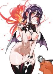 1girls 2025 2d absurdres black_thighhighs blush blushing breasts breasts_out chainsaw_man cleavage cleavage_cutout cum cum_drip cum_on_body cum_on_breasts explosion explosion_background female female_focus foolish_potato green_eyes grenade_pin highres leaning leaning_forward medium_hair navel nipples pochita_(chainsaw_man) purple_hair pussy reze_(chainsaw_man) simple_background smile smiling smiling_at_viewer stomach succubus succubus_costume succubus_outfit succubus_wings thighhighs thighs white_background