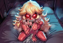 1girls ai_generated blonde_hair boo_hag breasts claws cum cum_on_body cum_on_breasts cum_on_face cumdrip emaciated exposed_muscle fangs female glowing_eyes horror horror_(theme) medium_breasts monster_girl morana_(paigen) muscles nipples original original_character paigen post-sex pussy red_eyes red_skin sharp_nails sharp_teeth skinless skinny undead