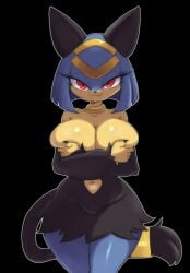 2026 4_fingers absurd_res anthro big_breasts biped black_body black_fur black_tail blue_body blue_fur blue_hair breasts female female_anthro fingers fur glistening glistening_body glistening_breasts hair hi_res humanoid_hands looking_at_viewer lucyfercomic multicolored_body multicolored_fur pal_(species) palworld pocketpair red_eyes sekhmet_(pal) solo tail yellow_body yellow_fur