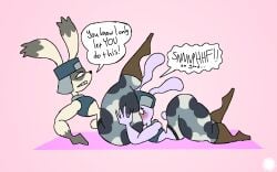 aliasing anthro artist_logo artist_name belt blush boots boris_(usavich) bottomwear bubble_butt butt camo camo_bottomwear camo_clothing camo_pants camo_print clothing countershade_arms countershade_ears countershade_face countershading curvy_figure dialogue digital_media_(artwork) duo english_text eyelashes face_in_ass femboy footwear fur geometric_background hand_on_another's_butt hand_on_butt hat headgear headwear hi_res knee_boots knee_highs kopchev_(usavich) lagomorph legwear leporid logo male male/male mammal midriff pants pattern_bottomwear pattern_clothing pattern_pants purple_body purple_fur rabbit shoes signature simple_background small_waist speech_bubble tail text thatdawgmurray thick_thighs usavich ushanka wasp_waist white_body white_fur