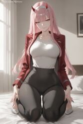 1girl ai_generated bangs black_legwear breasts darling_in_the_franxx eyebrows_visible_through_hair eyeshadow green_eyes hairband hi_res high_quality high_resolution horns jacket long_hair looking_at_viewer open_clothes open_jacket pantyhose patreon pink_hair red_jacket seductive seiza sexy smile solo uncensored watermark white_hairband zero_two_(darling_in_the_franxx)