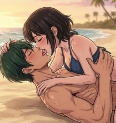 1boy 1girl ai_art ai_generated bikini blue_lock dark-skinned_male horny itoshi_rin kissing masculine_male naked_male pale-skinned_female petite_female tongue_kiss tongue_out