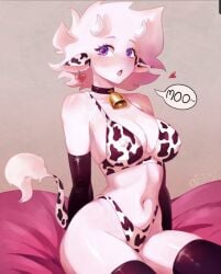 bra cow_ears cow_print horns kristos panties speech_bubble thighs
