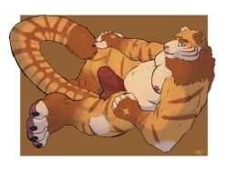 4:3 4_toes anthro big_feet big_tail bulge claws clothing erection feet felid feline fur genitals grin hi_res hybrid liger lion lying male male/male male_anthro mammal mane markings moobs muscular muscular_male neck_tuft orange_body orange_fur pantherine pawpads paws penis smile sockspectre solo striped_markings stripes tail tenting thick_penis tiger tobi_the_liger toes tuft underwear
