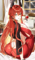1girls 2d 2d_(artwork) big_ass big_breasts dat_ass dress earrings eyebrows eyebrows_visible_through_hair eyelashes glass goddess_of_victory:_nikke horns long_hair minus_zero69 nikke not_ai_generated pillow red_hair red_hood_(nikke) red_hood_(nonsense_red)_(nikke) revealing_clothes revealing_outfit shift_up staring_at_viewer tagme windows wine wine_glass