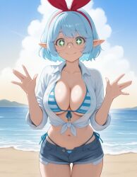 ai_generated bikini blue_striped_bikini boobs breasts denim_shorts elf elf_ears elf_female elf_girl front-tie_top keisha_callie striped_bikini tits
