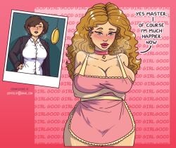 apron apron_only before_and_after big_breasts blonde_hair blush brown_hair collar earrings english_text female_only femsub good_girl_(phrase) hair_color_change heavy_eyelids holding_breasts huge_breasts hypnosis hypnotized large_breasts lipstick naked_apron pendulum pocket_watch seductive seductive_female seductive_smile standing stepfordization subliminal text
