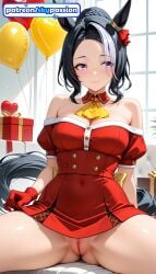 1girls 2026 ai_assisted ai_generated anime bare_shoulders box christmas female_genitalia genitals gift gift_box gloves hi_res high_quality high_resolution highres legs_apart mejiro_ramonu_(umamusume) no_panties patreon patreon_username purple_eyes pussy skypassion solo spread_legs stable_diffusion umamusume umamusume_pretty_derby uncensored_pussy uncensored_vagina watermark