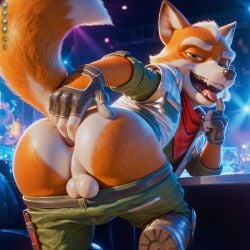 1boy ai_generated anthro ass ass_focus butt fingering fingering_ass fox fox_mccloud furry gay green_eyes hydrai looking_at_viewer looking_back_at_viewer male male_only nintendo orange_fur presenting_hindquarters showing_off solo star_fox