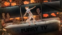 absurd_res anthro athletic balls claws crazy_eyes debris detailed_background dramatic_lighting ear_piercing explosion fire full-length_portrait genitals grin gun hi_res hyena looking_at_viewer male mammal nude penis perineum piercing portrait public public_nudity ranged_weapon rory_vwv sadism sharp_teeth smile solo standing tail teeth weapon